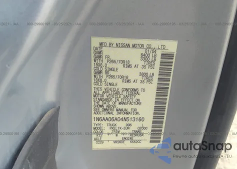 2004 Nissan Titan Se z USA, uszkodzony, nr VIN 1N6AA06A04N513160